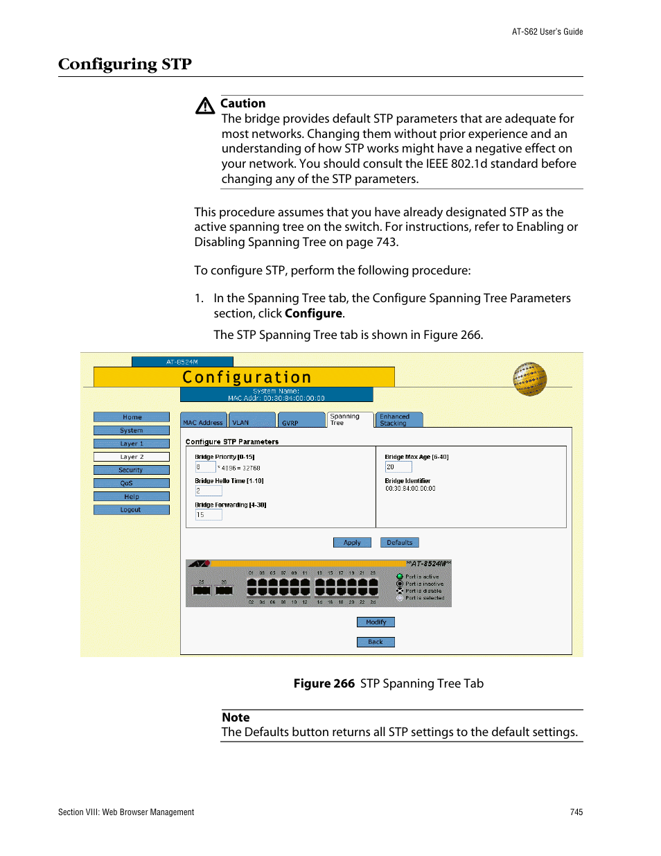 Configuring stp, Figure 266: stp spanning tree tab | Allied Telesis AT-S62 User Manual | Page 745 / 862