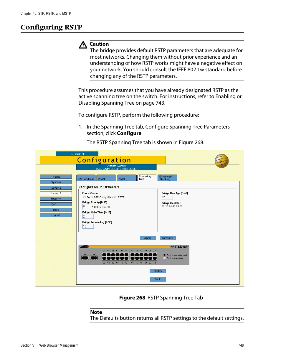 Configuring rstp, Figure 268: rstp spanning tree tab | Allied Telesis AT-S62 User Manual | Page 748 / 862