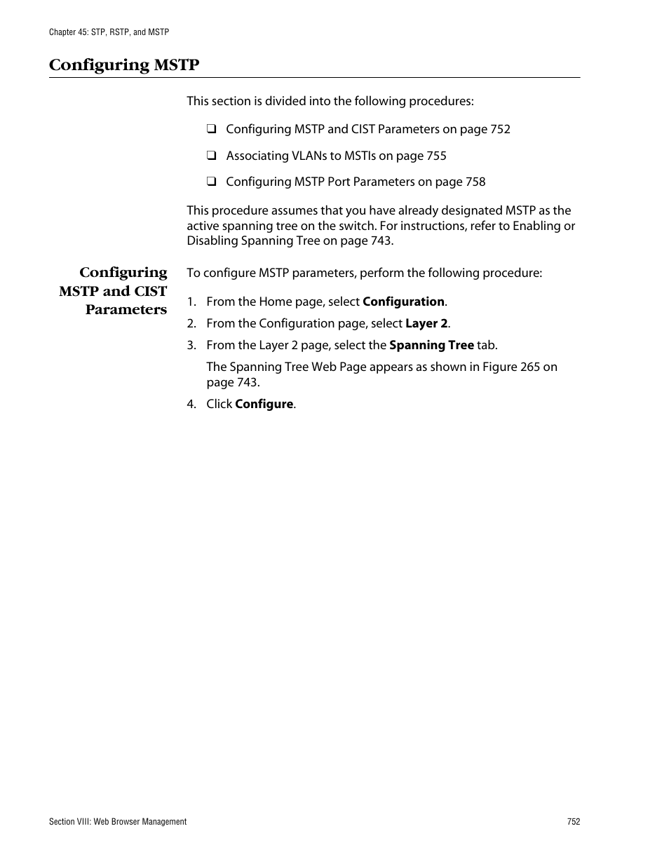 Configuring mstp, Configuring mstp and cist parameters | Allied Telesis AT-S62 User Manual | Page 752 / 862