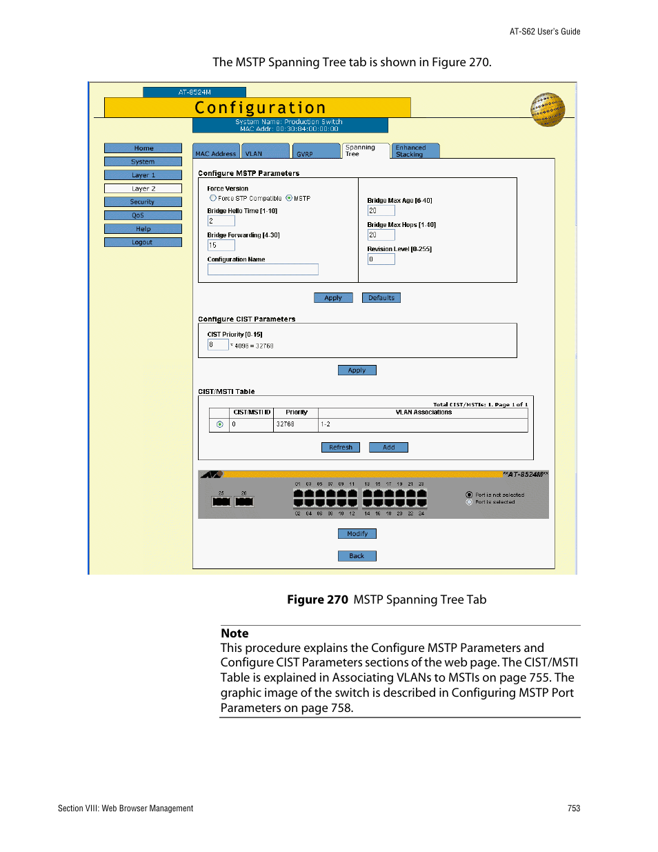 Figure 270: mstp spanning tree tab | Allied Telesis AT-S62 User Manual | Page 753 / 862