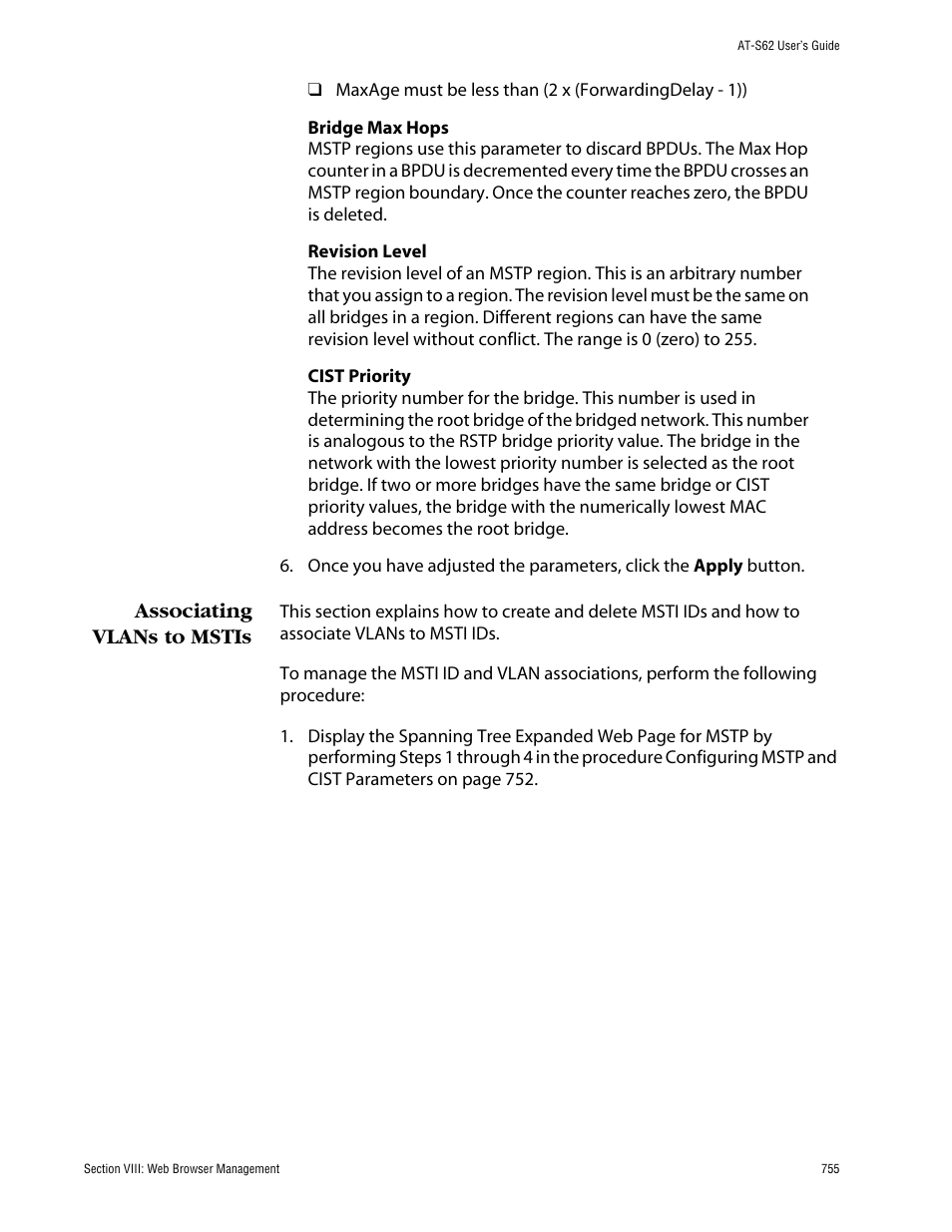 Associating vlans to mstis | Allied Telesis AT-S62 User Manual | Page 755 / 862