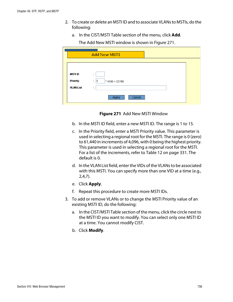 Figure 271: add new msti window | Allied Telesis AT-S62 User Manual | Page 756 / 862