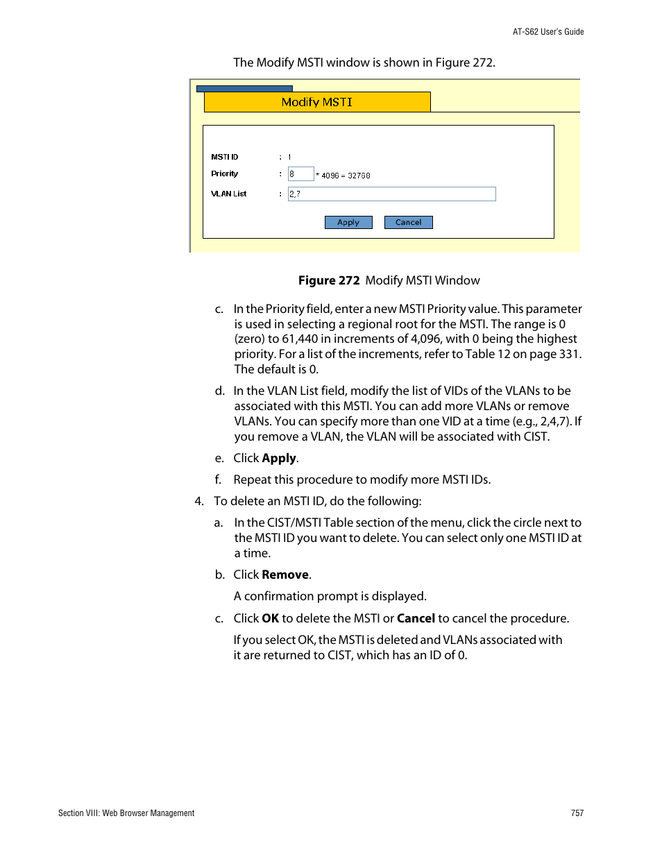 Figure 272: modify msti window | Allied Telesis AT-S62 User Manual | Page 757 / 862