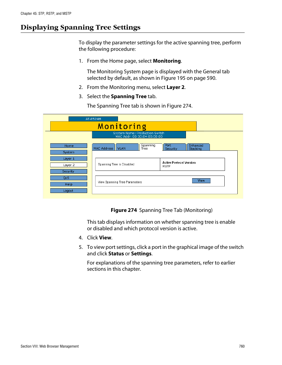 Displaying spanning tree settings, Figure 274: spanning tree tab (monitoring) | Allied Telesis AT-S62 User Manual | Page 760 / 862
