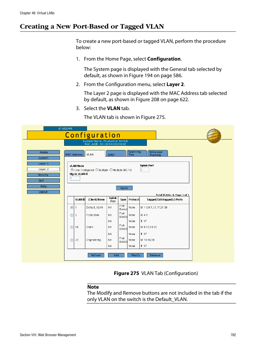 Creating a new port-based or tagged vlan, Figure 275: vlan tab (configuration) | Allied Telesis AT-S62 User Manual | Page 762 / 862