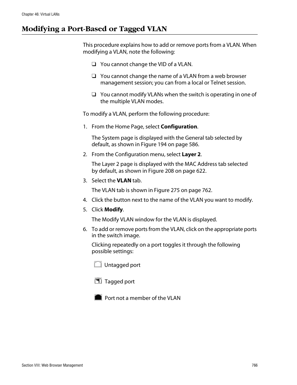 Modifying a port-based or tagged vlan | Allied Telesis AT-S62 User Manual | Page 766 / 862