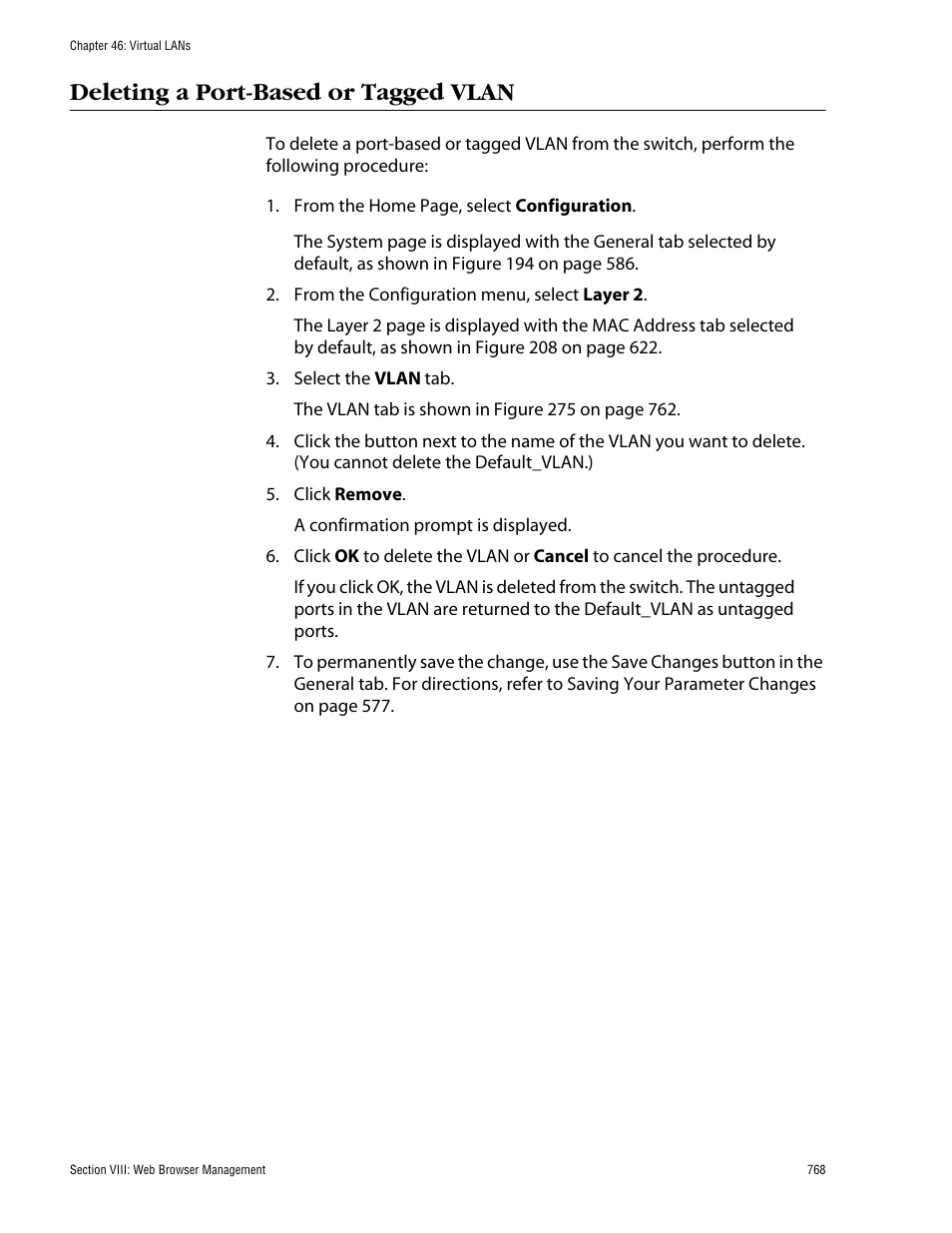 Deleting a port-based or tagged vlan | Allied Telesis AT-S62 User Manual | Page 768 / 862