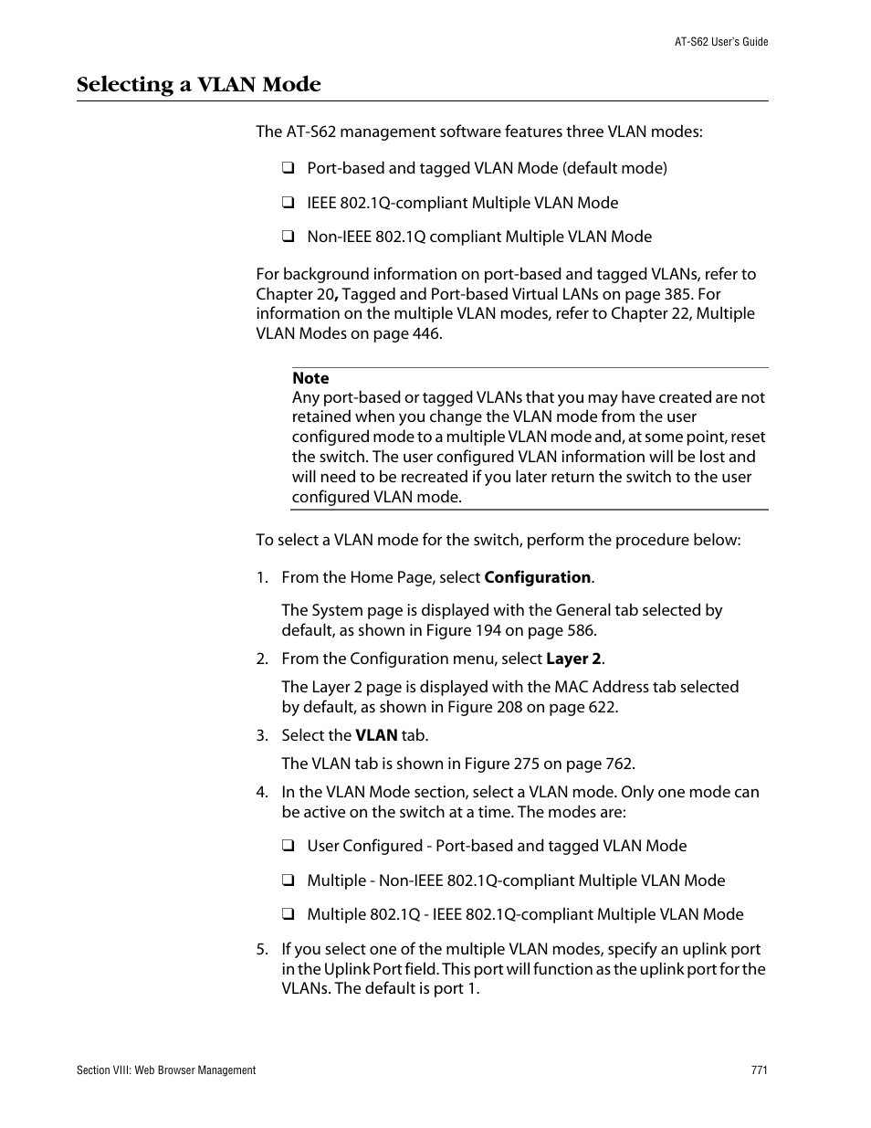 Selecting a vlan mode | Allied Telesis AT-S62 User Manual | Page 771 / 862