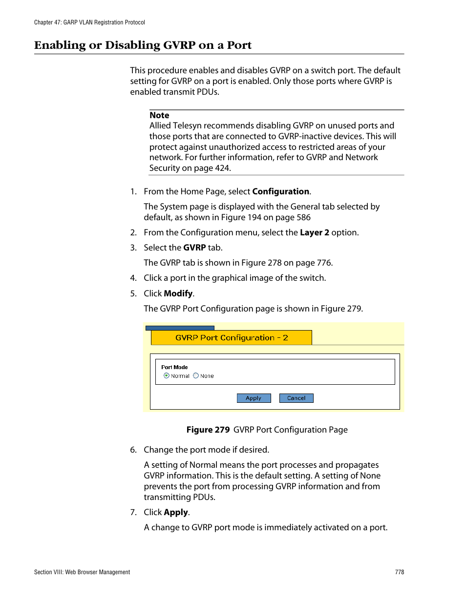 Enabling or disabling gvrp on a port | Allied Telesis AT-S62 User Manual | Page 778 / 862