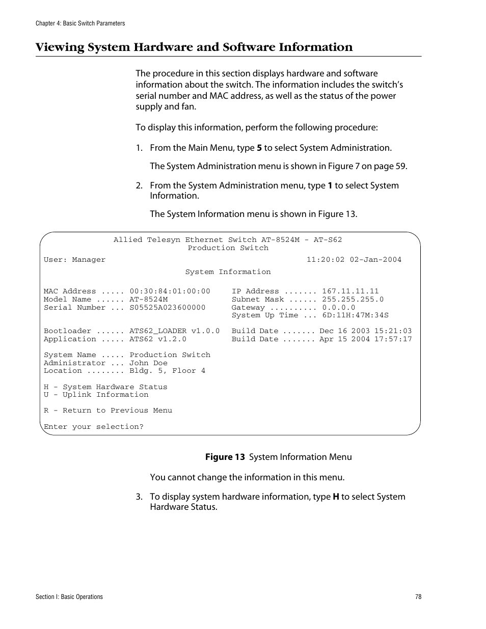 Viewing system hardware and software information, Figure 13: system information menu | Allied Telesis AT-S62 User Manual | Page 78 / 862