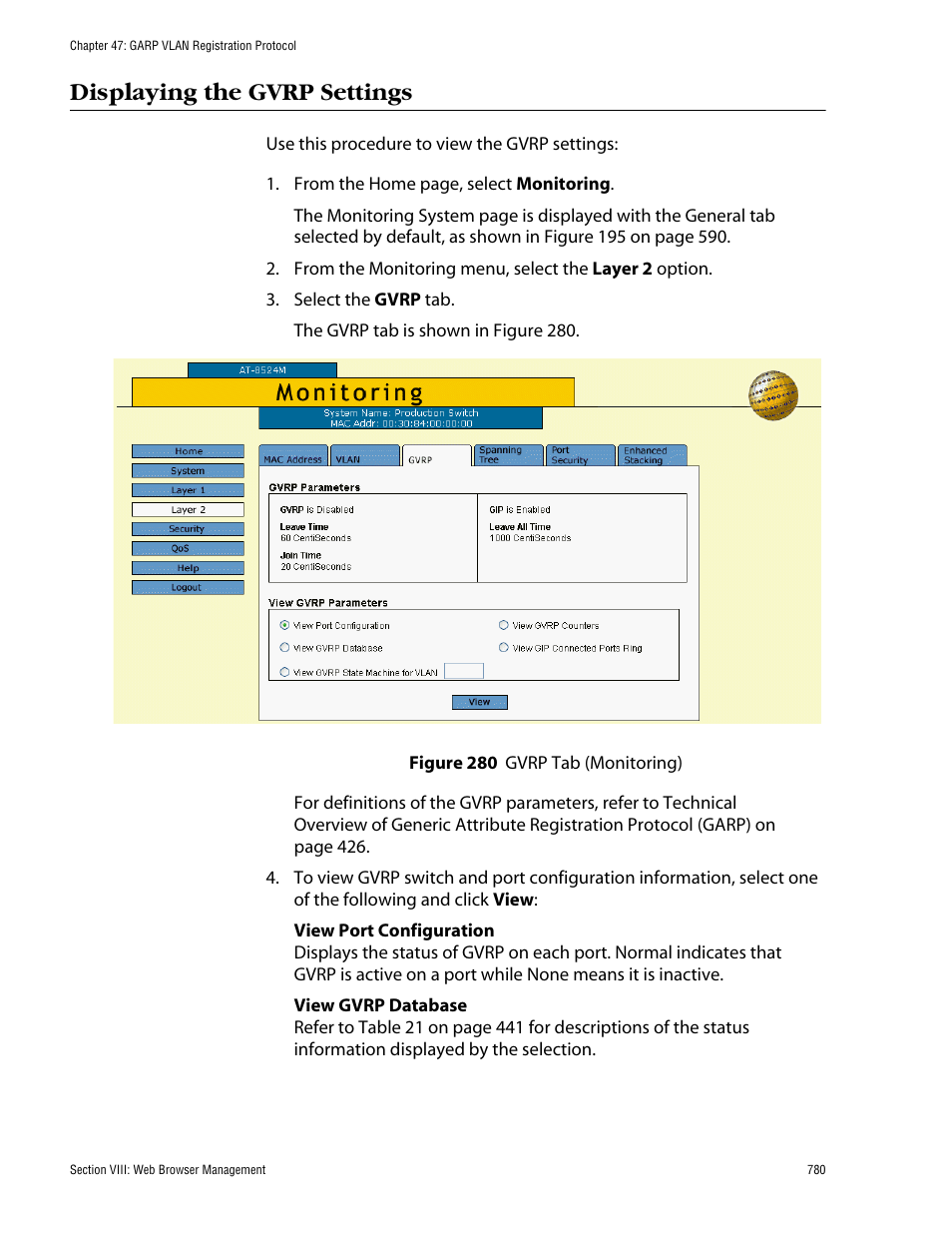 Displaying the gvrp settings, Figure 280: gvrp tab (monitoring) | Allied Telesis AT-S62 User Manual | Page 780 / 862