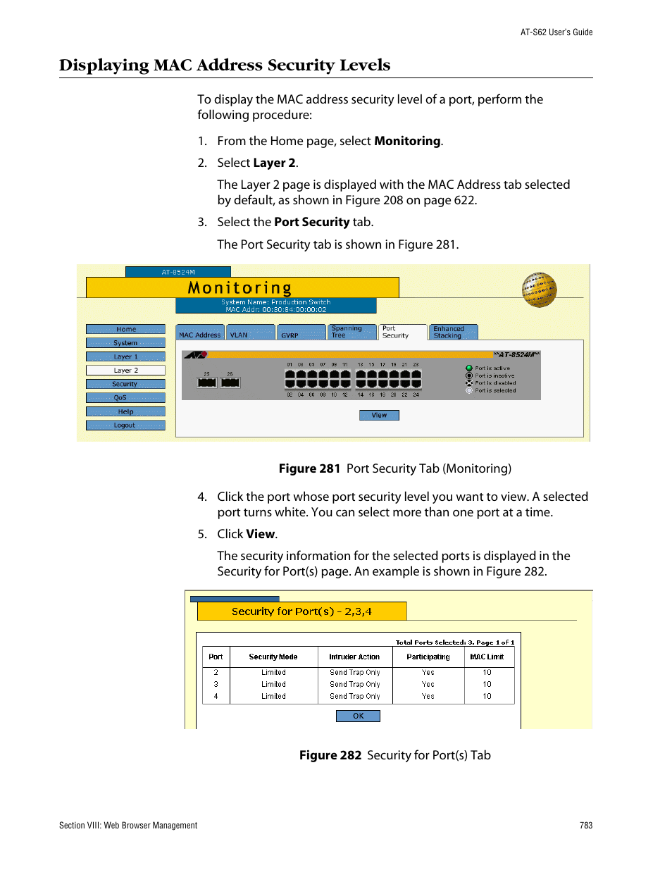 Displaying mac address security levels | Allied Telesis AT-S62 User Manual | Page 783 / 862