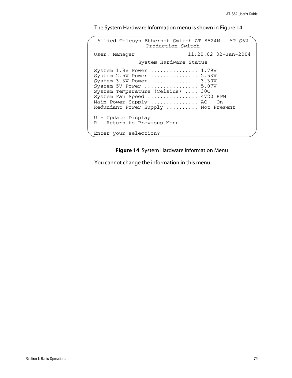 Figure 14: system hardware information menu | Allied Telesis AT-S62 User Manual | Page 79 / 862