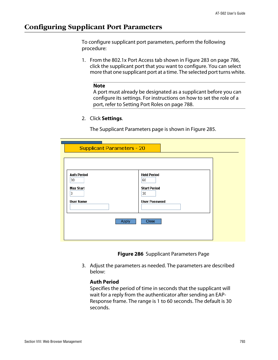 Configuring supplicant port parameters | Allied Telesis AT-S62 User Manual | Page 793 / 862