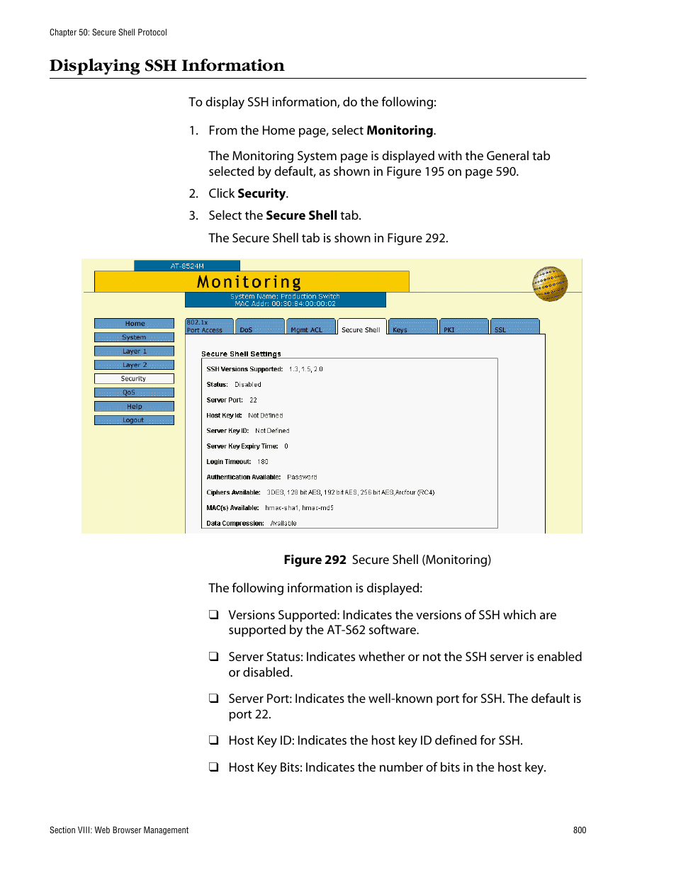 Displaying ssh information, Figure 292: secure shell (monitoring) | Allied Telesis AT-S62 User Manual | Page 800 / 862