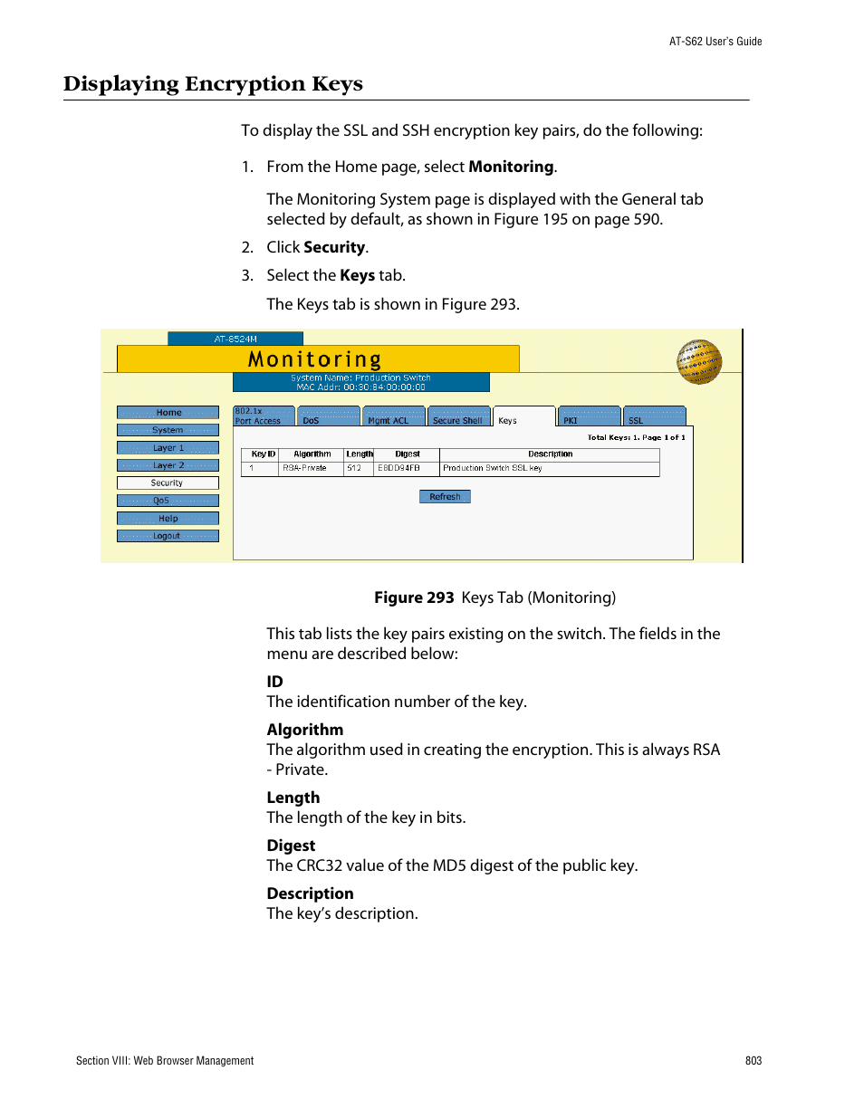 Displaying encryption keys, Figure 293: keys tab (monitoring) | Allied Telesis AT-S62 User Manual | Page 803 / 862