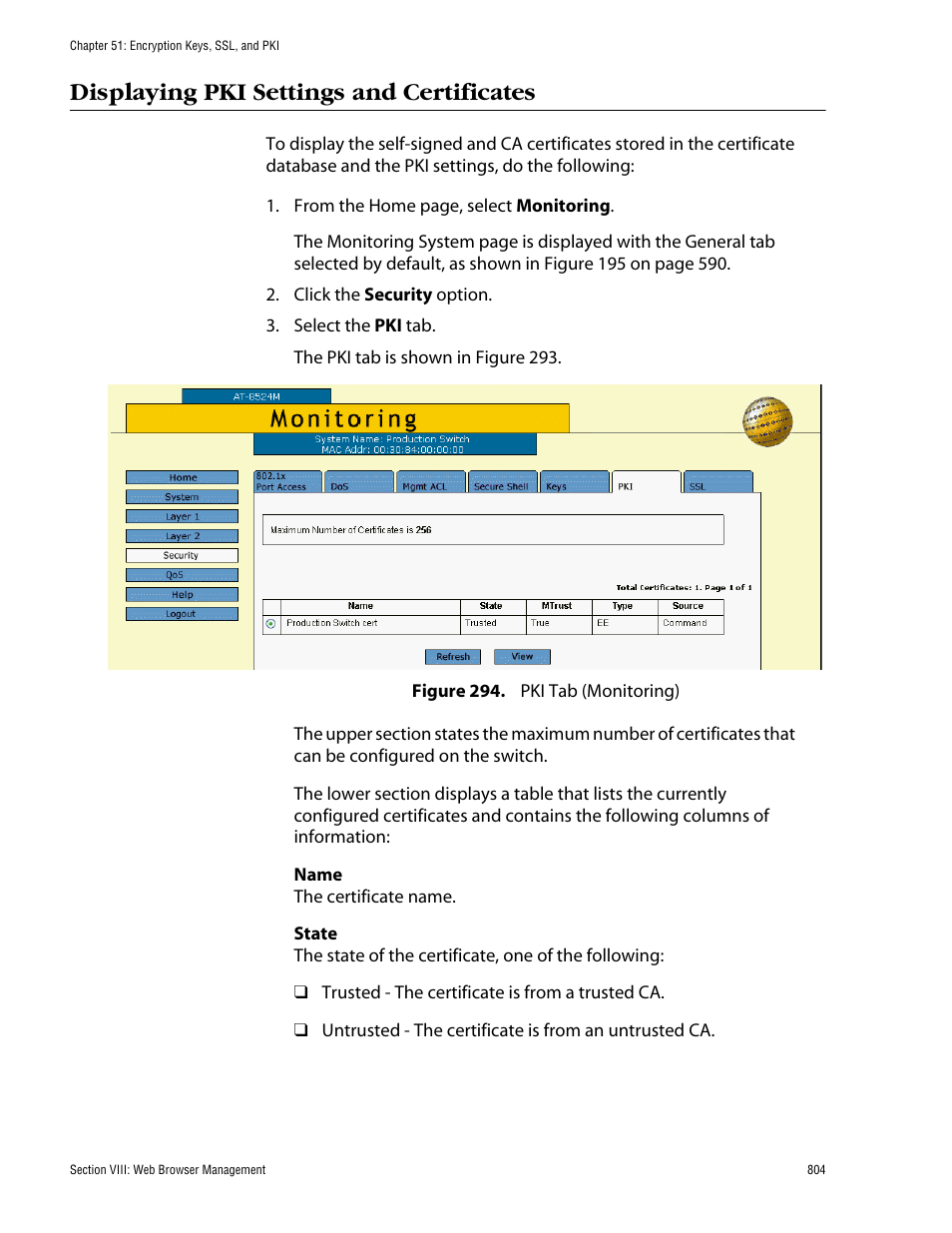 Displaying pki settings and certificates, Figure 294: pki tab (monitoring) | Allied Telesis AT-S62 User Manual | Page 804 / 862