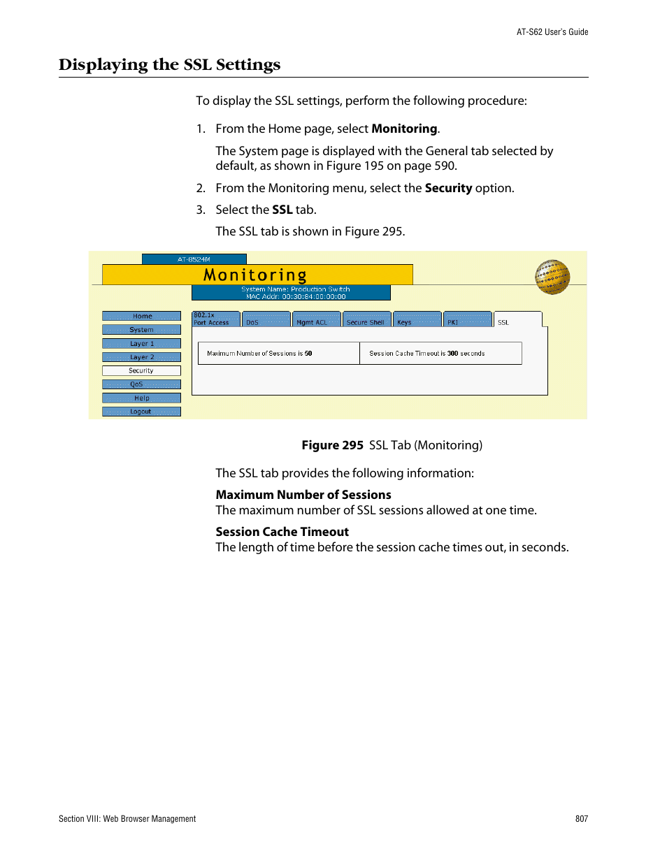 Displaying the ssl settings, Ssl tab (monitoring) | Allied Telesis AT-S62 User Manual | Page 807 / 862