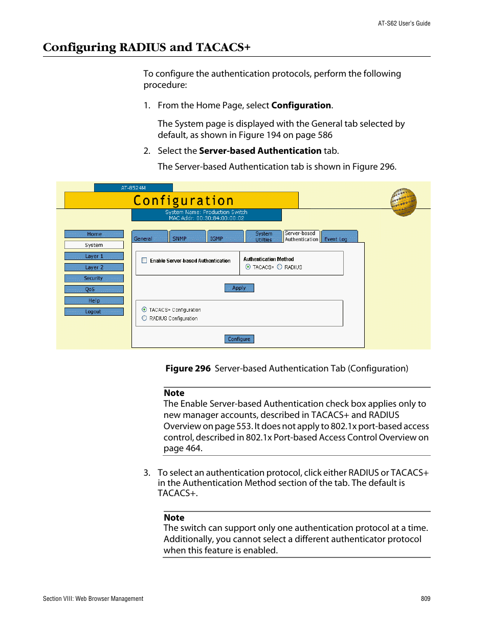 Configuring radius and tacacs | Allied Telesis AT-S62 User Manual | Page 809 / 862