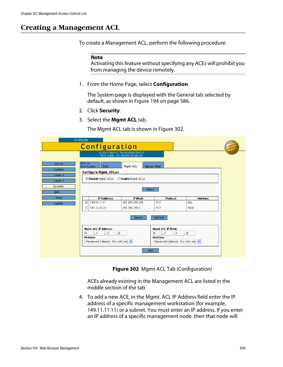 Creating a management acl, Figure 302: mgmt acl tab (configuration) | Allied Telesis AT-S62 User Manual | Page 816 / 862