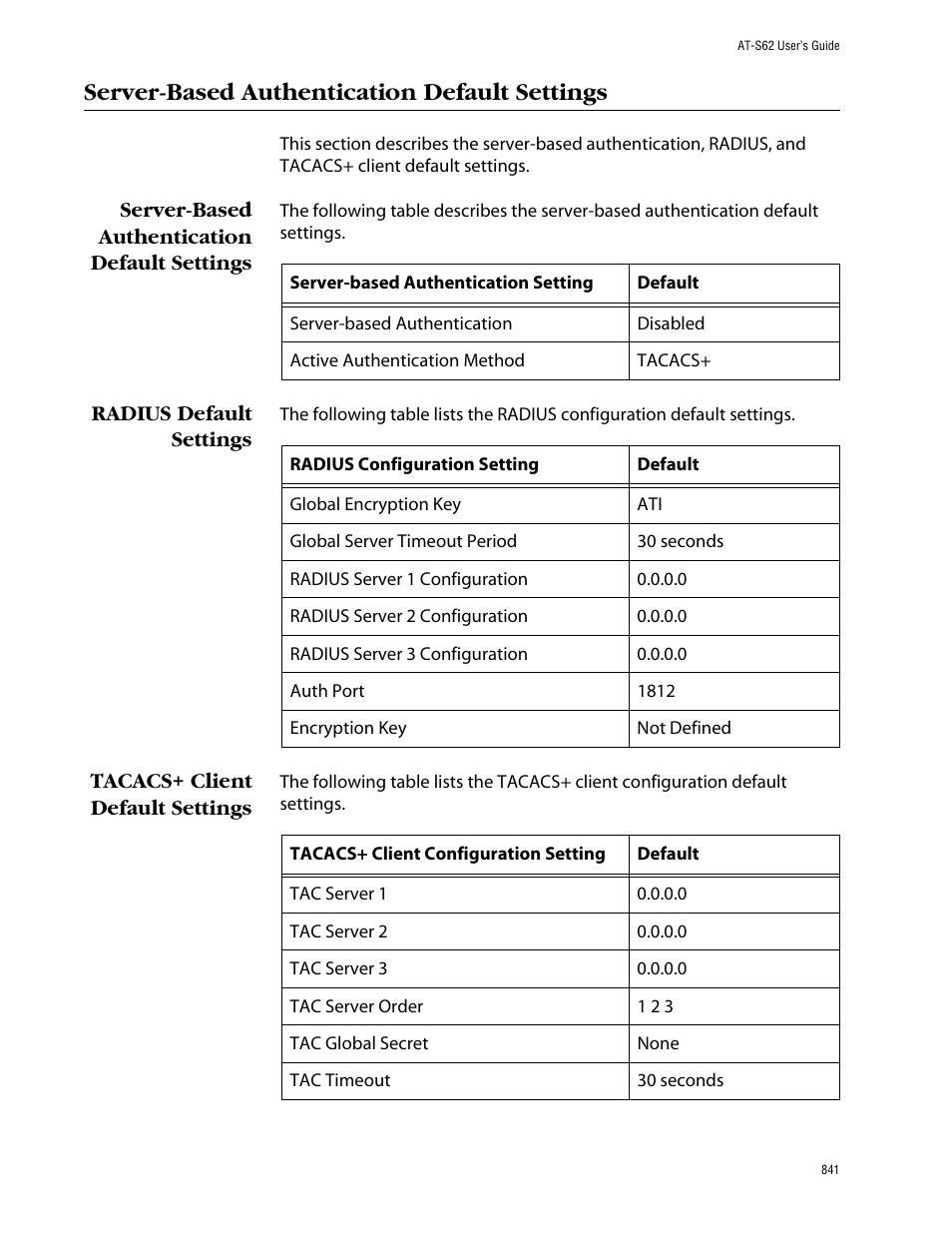 Server-based authentication default settings, Radius default settings, Tacacs+ client default settings | Allied Telesis AT-S62 User Manual | Page 841 / 862