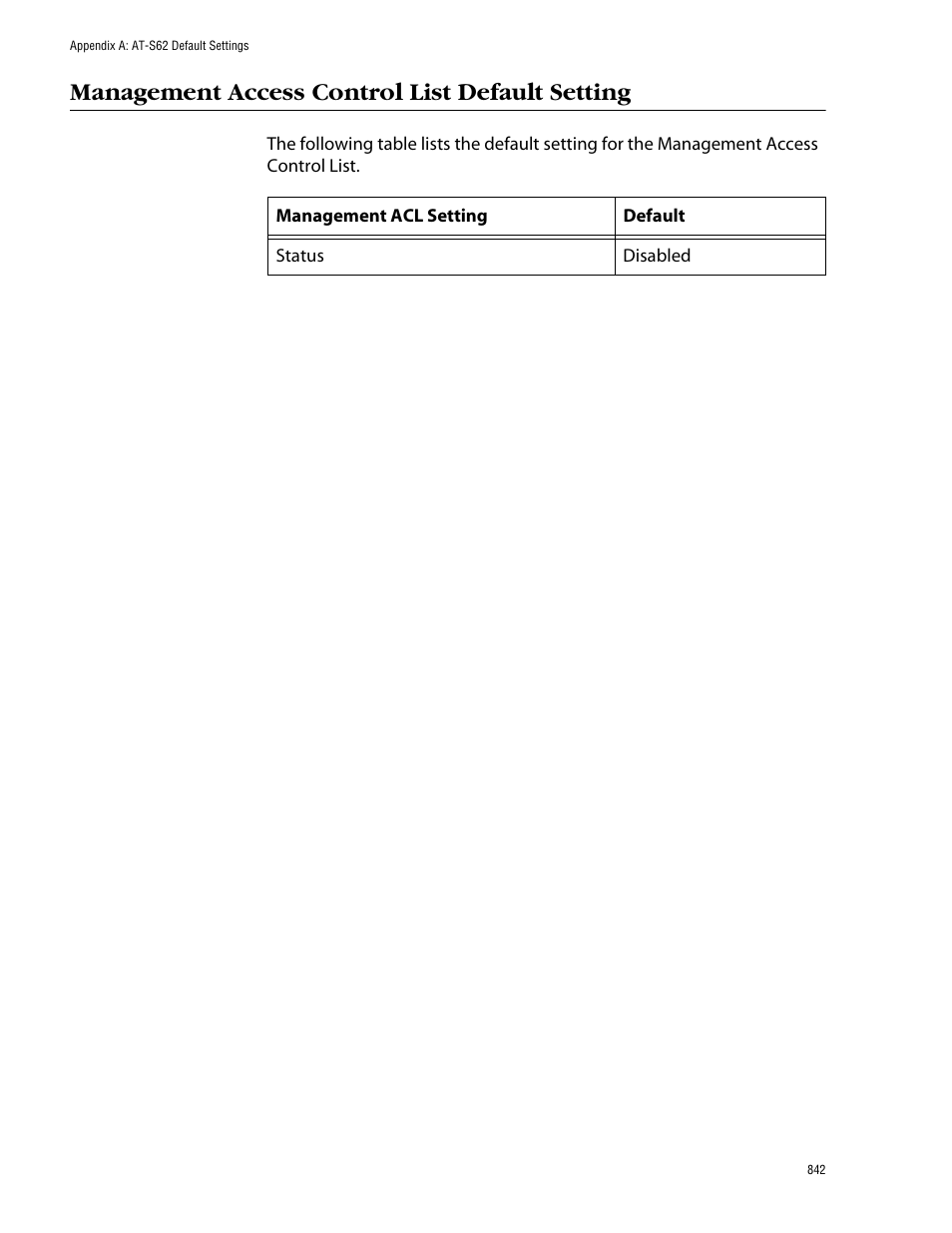 Management access control list default setting | Allied Telesis AT-S62 User Manual | Page 842 / 862