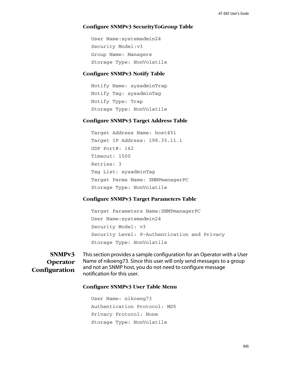 Snmpv3 operator configuration | Allied Telesis AT-S62 User Manual | Page 845 / 862