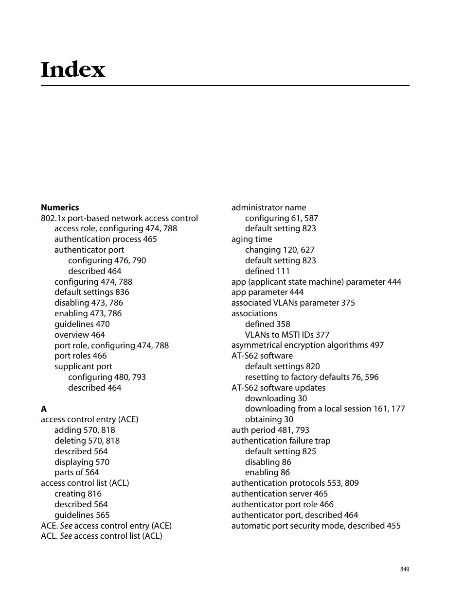 Index, Numerics | Allied Telesis AT-S62 User Manual | Page 849 / 862