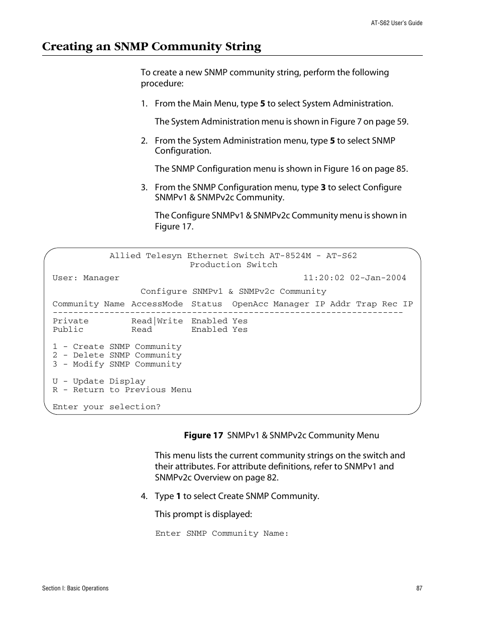 Creating an snmp community string, Figure 17: snmpv1 & snmpv2c community menu | Allied Telesis AT-S62 User Manual | Page 87 / 862