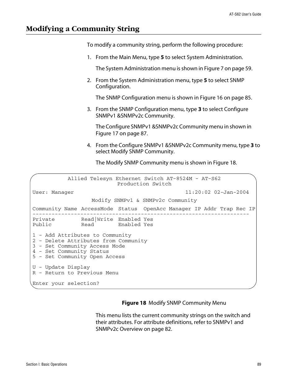 Modifying a community string, Figure 18: modify snmp community menu | Allied Telesis AT-S62 User Manual | Page 89 / 862
