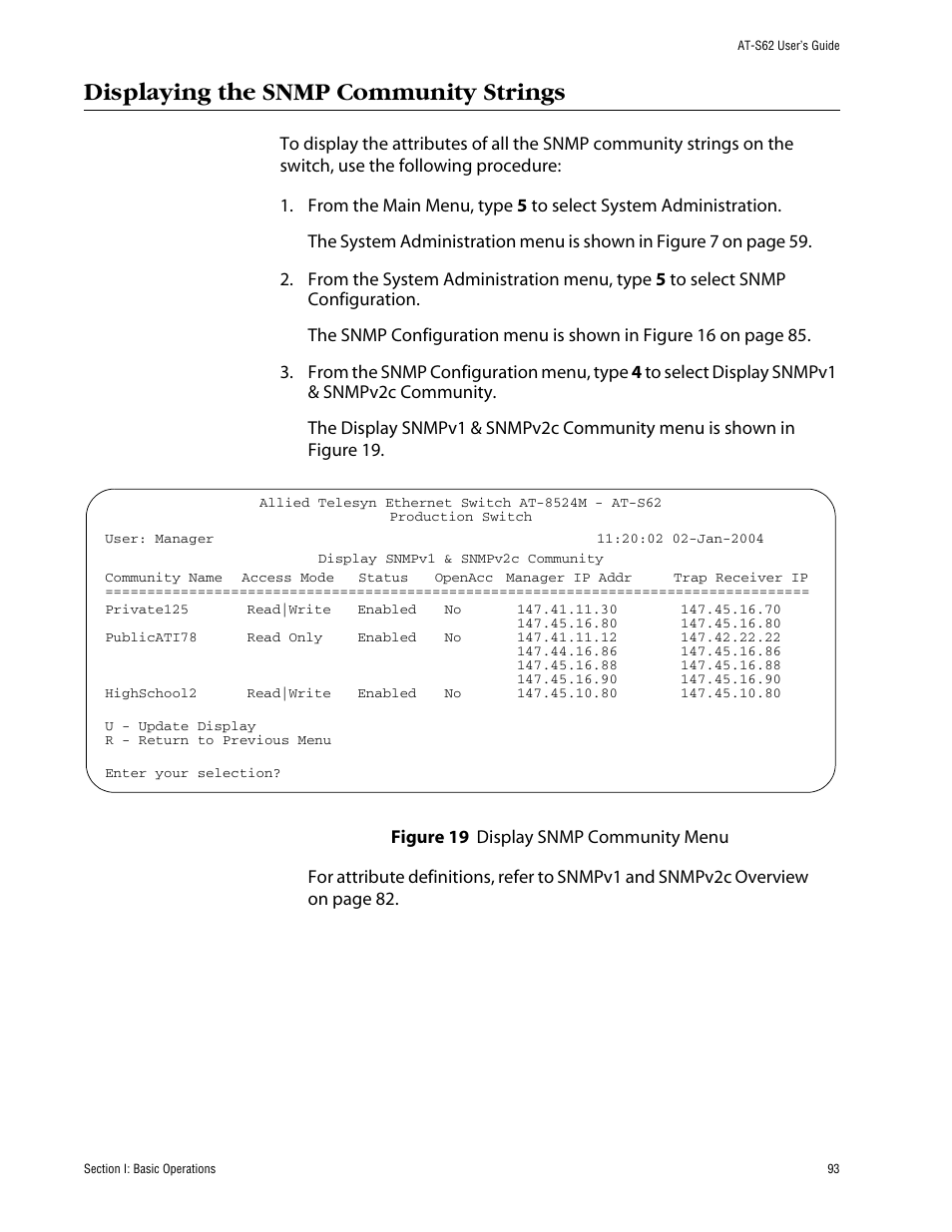 Displaying the snmp community strings, Figure 19: display snmp community menu | Allied Telesis AT-S62 User Manual | Page 93 / 862