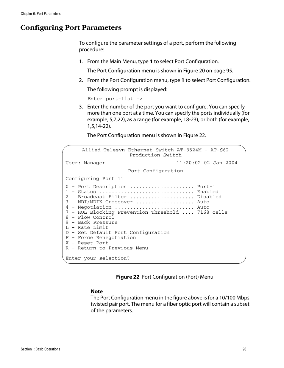 Configuring port parameters, Figure 22: port configuration (port) menu | Allied Telesis AT-S62 User Manual | Page 98 / 862