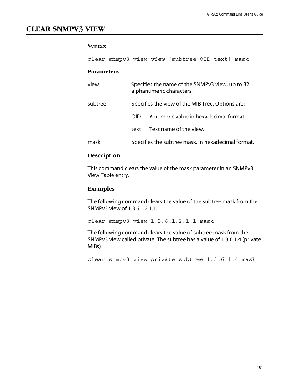 Clear snmpv3 view | Allied Telesis AT-S62 User Manual | Page 101 / 420