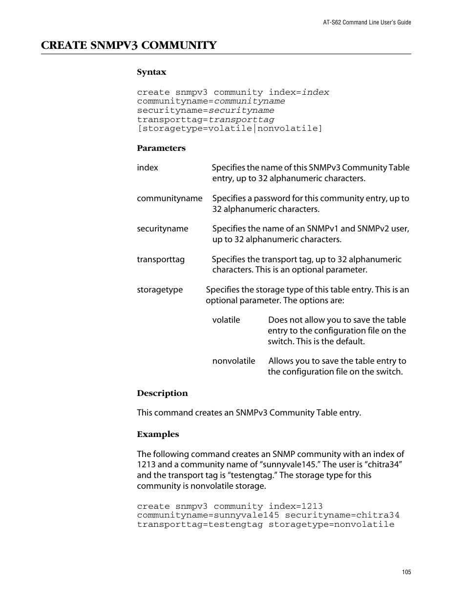Create snmpv3 community | Allied Telesis AT-S62 User Manual | Page 105 / 420