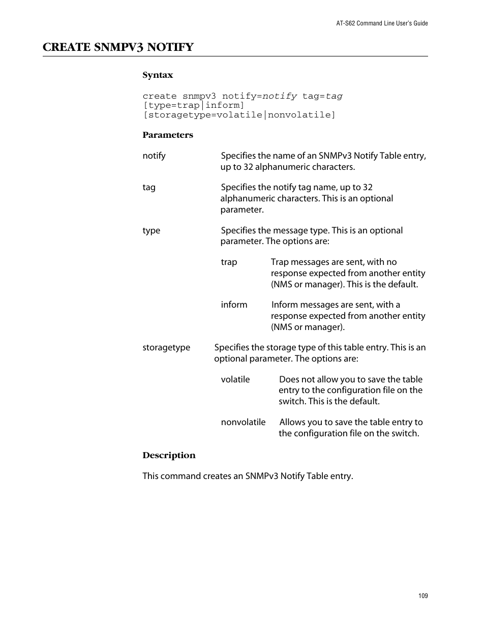 Create snmpv3 notify | Allied Telesis AT-S62 User Manual | Page 109 / 420