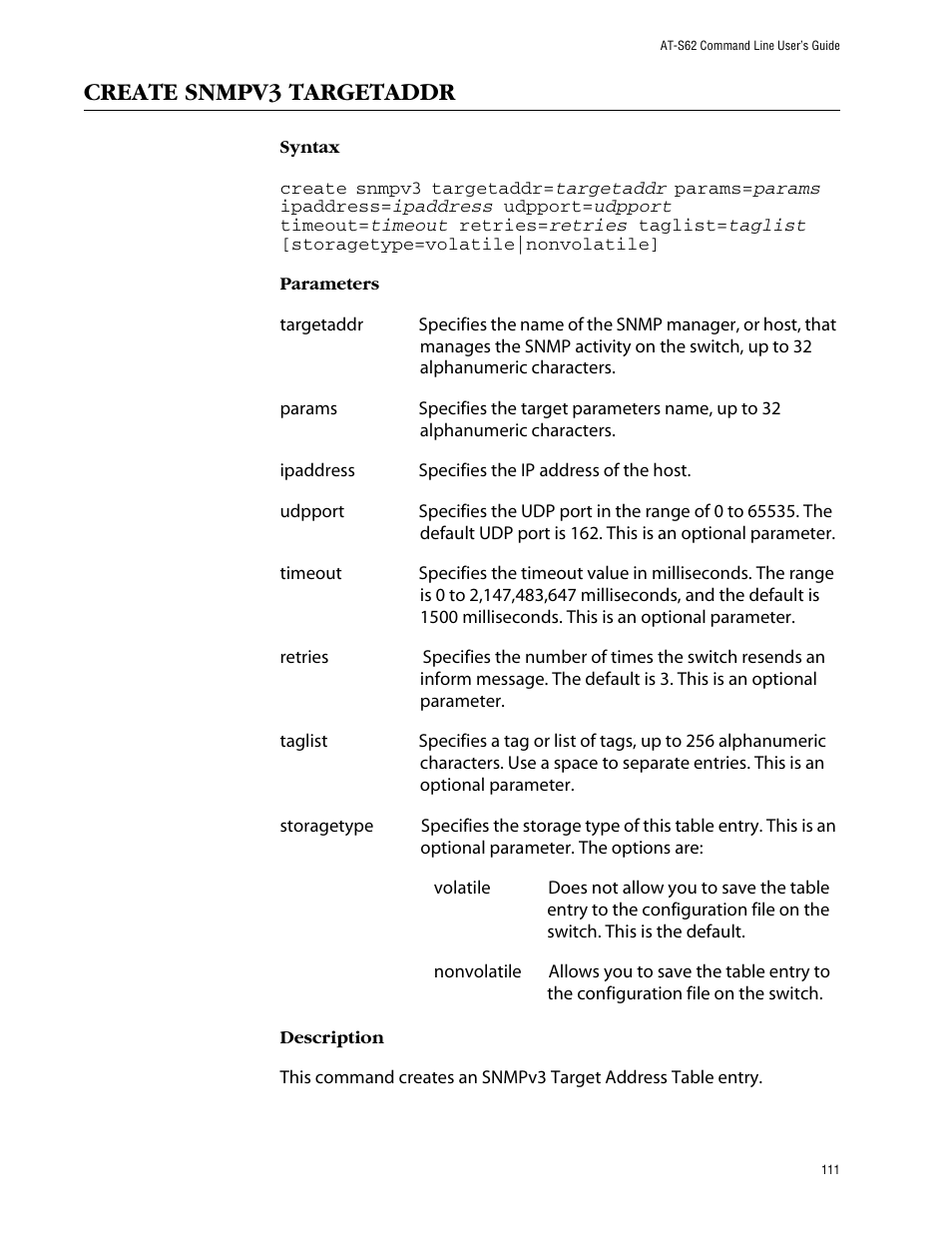 Create snmpv3 targetaddr | Allied Telesis AT-S62 User Manual | Page 111 / 420