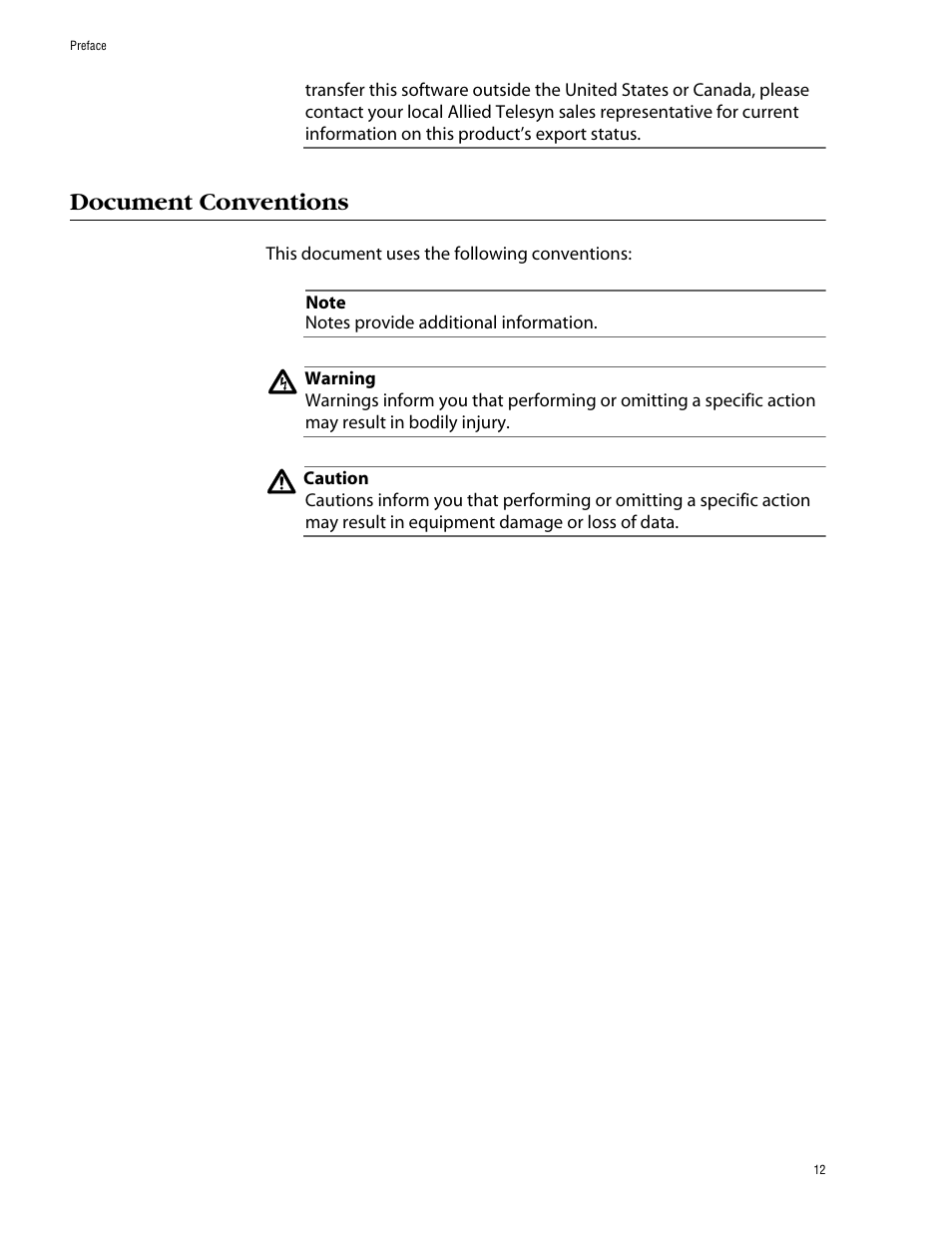 Document conventions | Allied Telesis AT-S62 User Manual | Page 12 / 420