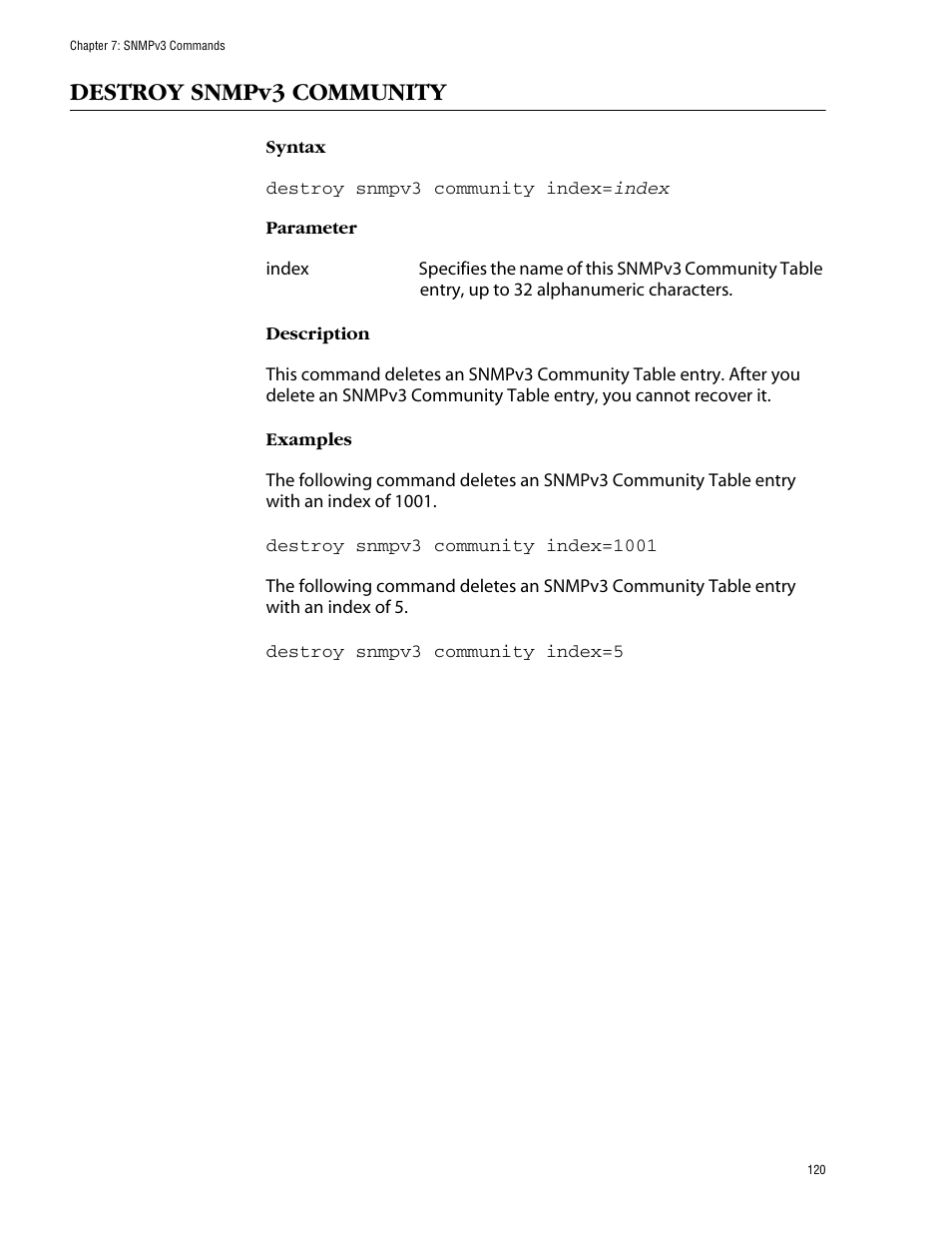 Destroy snmpv3 community | Allied Telesis AT-S62 User Manual | Page 120 / 420