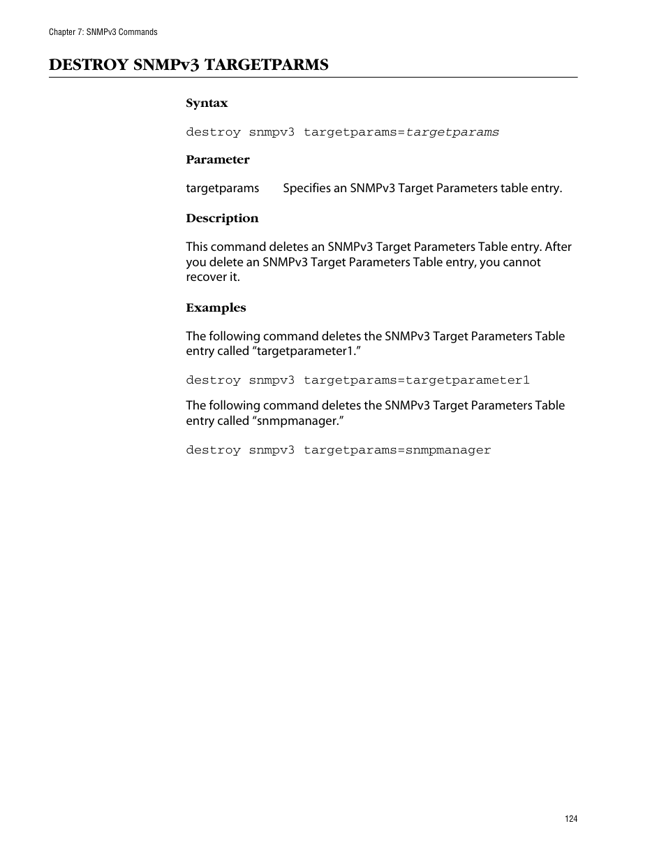 Destroy snmpv3 targetparms | Allied Telesis AT-S62 User Manual | Page 124 / 420