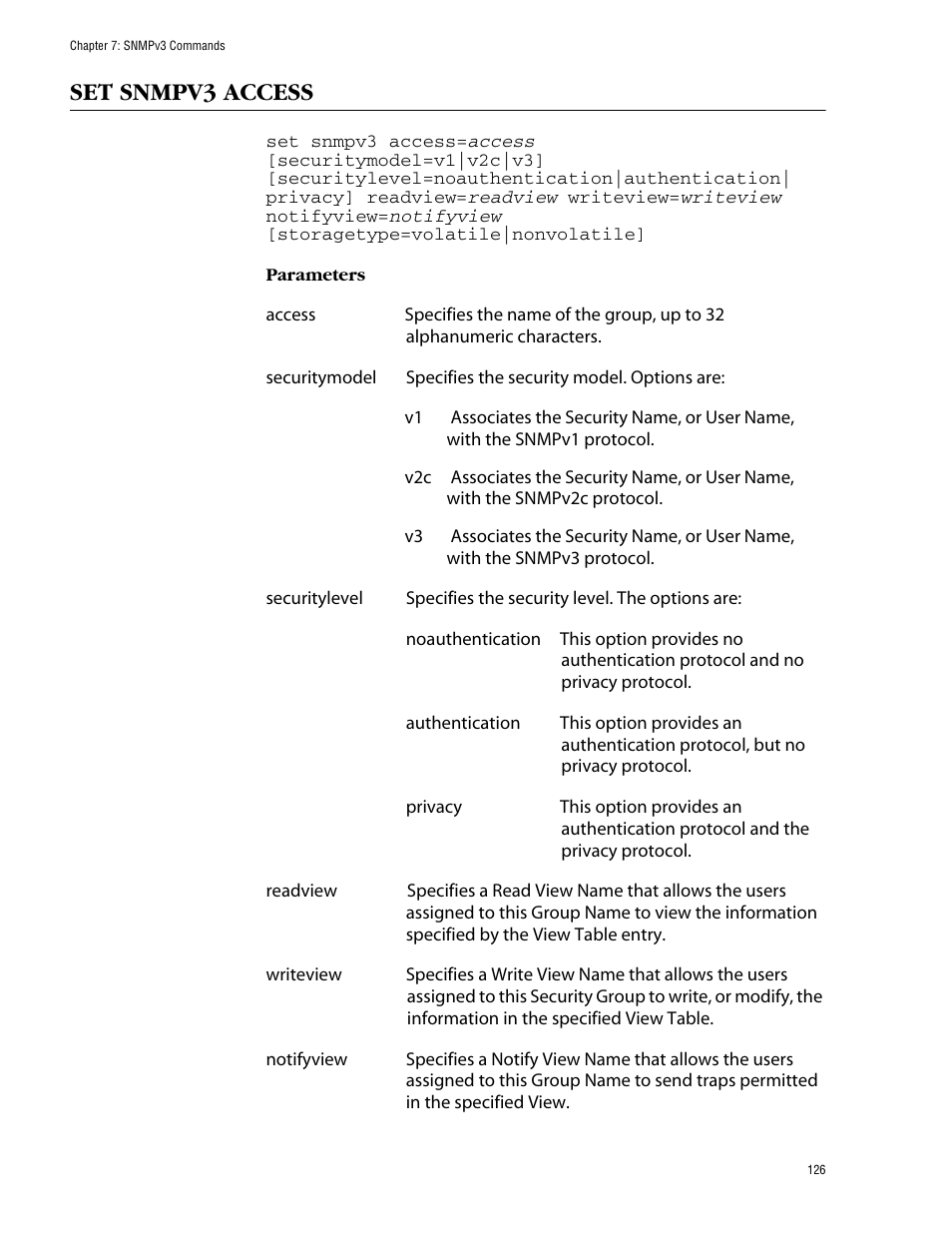 Set snmpv3 access | Allied Telesis AT-S62 User Manual | Page 126 / 420