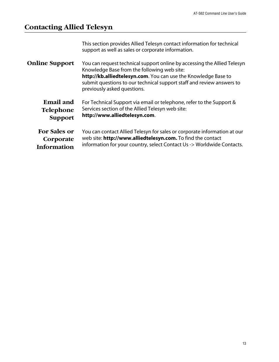 Contacting allied telesyn, Online support, Email and telephone support | For sales or corporate information | Allied Telesis AT-S62 User Manual | Page 13 / 420