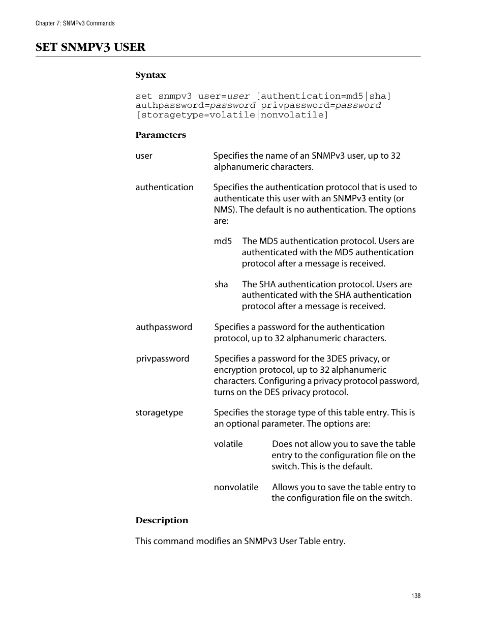 Set snmpv3 user | Allied Telesis AT-S62 User Manual | Page 138 / 420