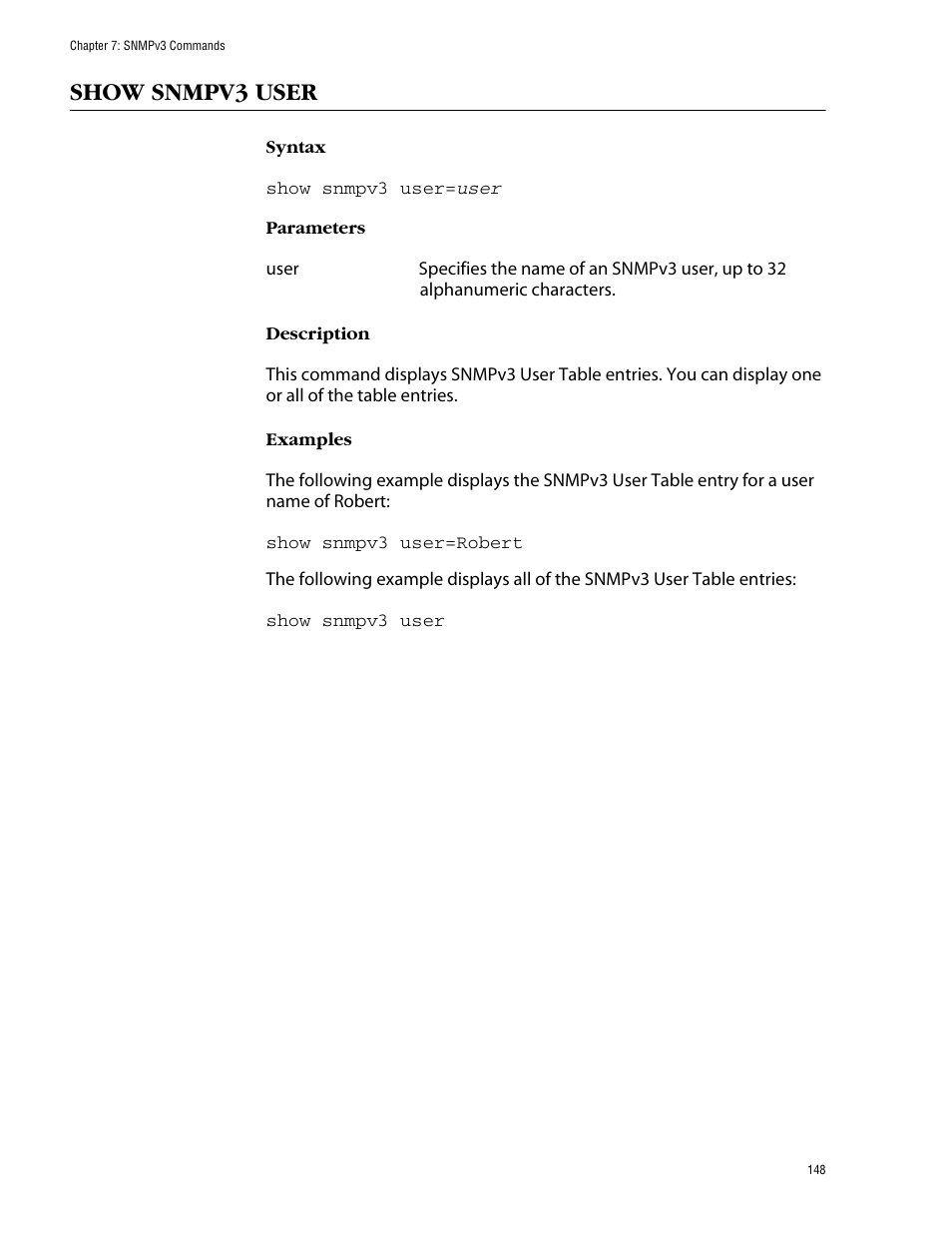 Show snmpv3 user | Allied Telesis AT-S62 User Manual | Page 148 / 420