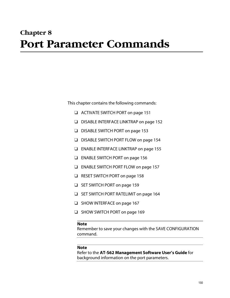 Chapter 8, Port parameter commands | Allied Telesis AT-S62 User Manual | Page 150 / 420