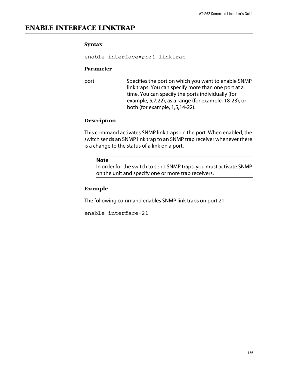 Enable interface linktrap | Allied Telesis AT-S62 User Manual | Page 155 / 420