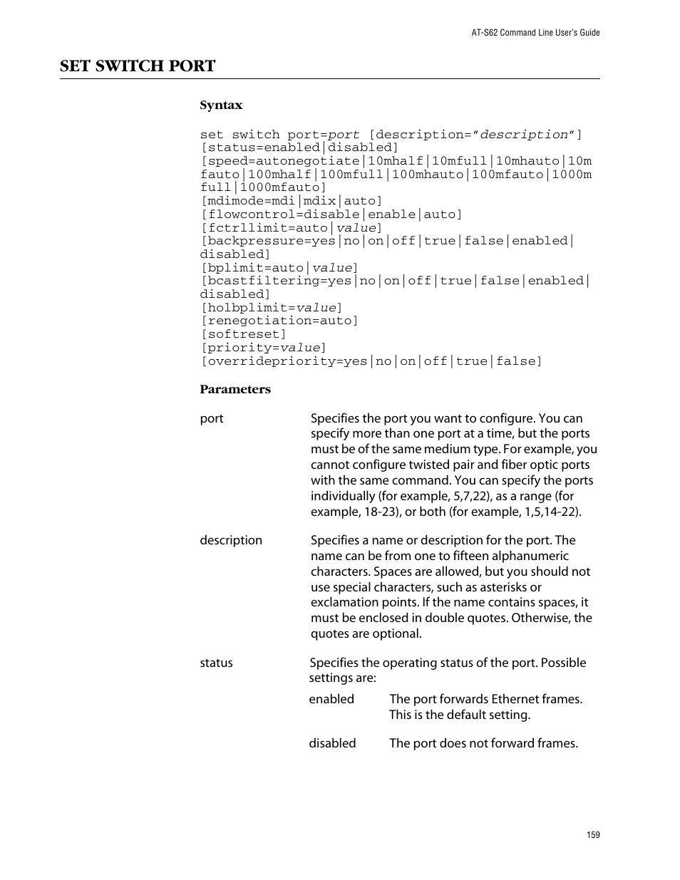 Set switch port | Allied Telesis AT-S62 User Manual | Page 159 / 420