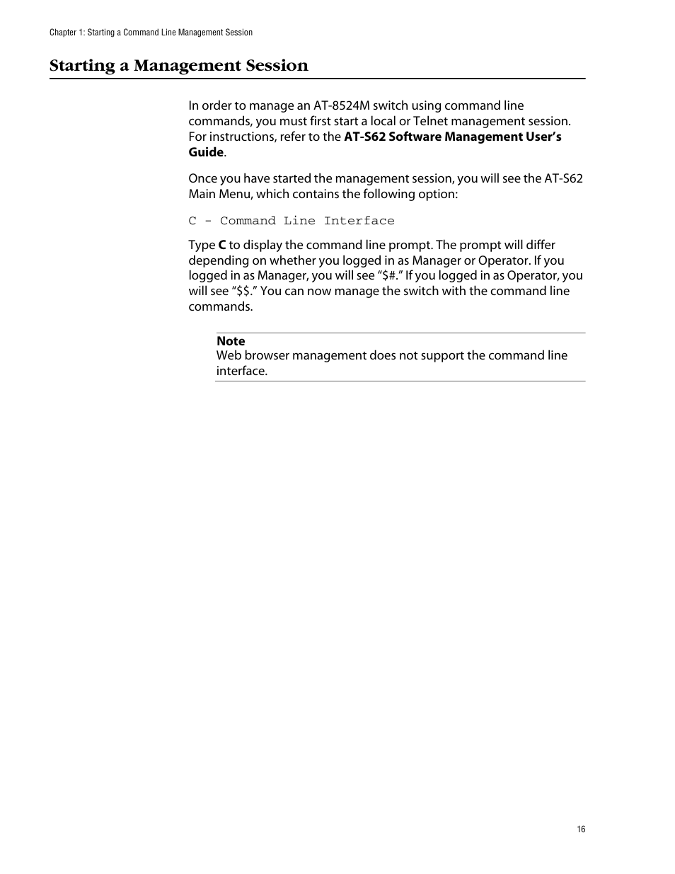 Starting a management session | Allied Telesis AT-S62 User Manual | Page 16 / 420