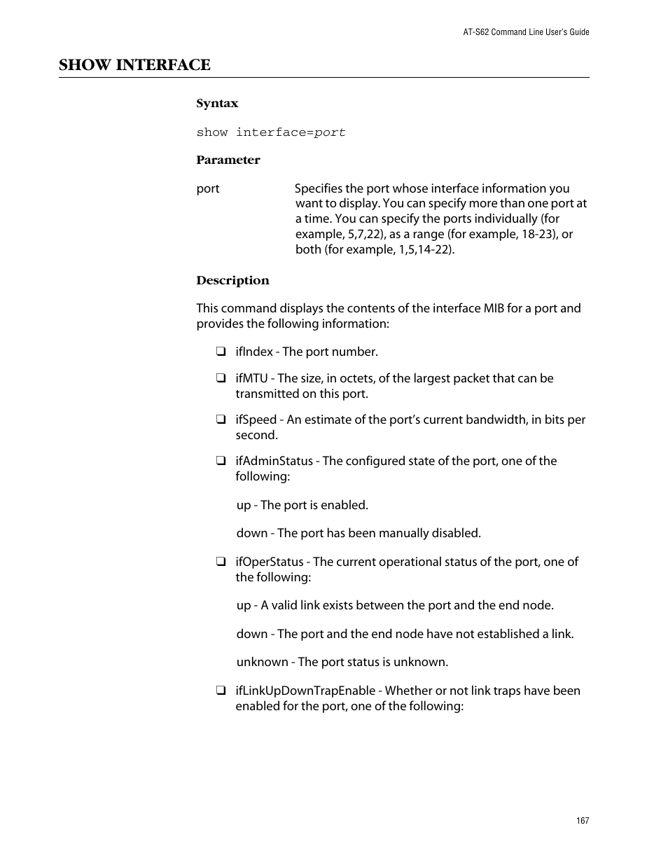 Show interface | Allied Telesis AT-S62 User Manual | Page 167 / 420