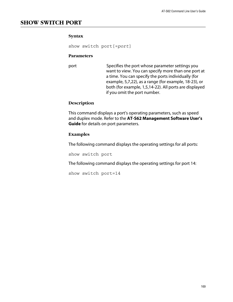 Show switch port | Allied Telesis AT-S62 User Manual | Page 169 / 420