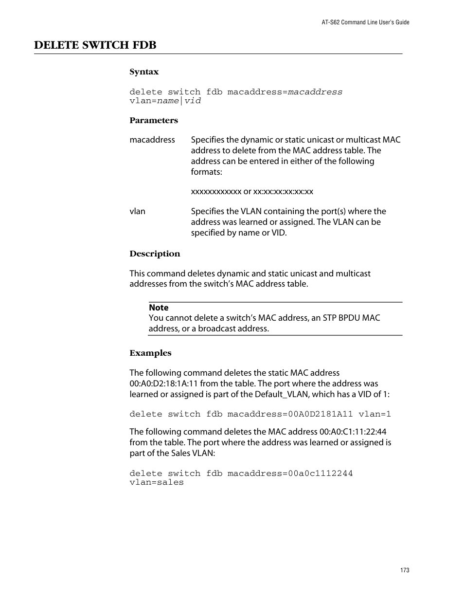 Delete switch fdb | Allied Telesis AT-S62 User Manual | Page 173 / 420